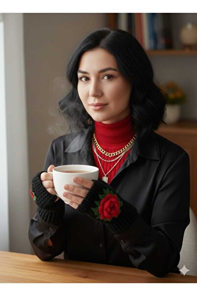 NEXT LİFE STORE Hand Knitted Fingerless Gloves with Rose Detail