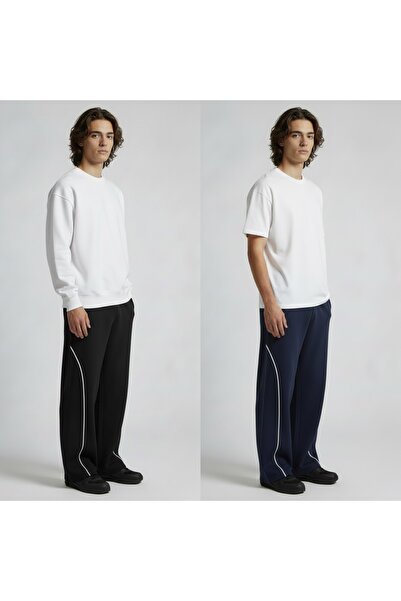 TKT Men's 2-Piece Black Navy Blue Piped Baggy Sweatpants with 2 Drawstrings Comfortable Fit Wide Leg