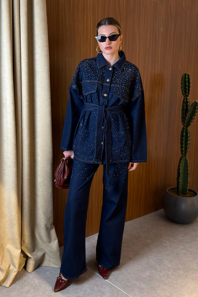 BLACKPERA Premium Taşlı Collection Series Cep Detaylı Kuşaklı Denim Ceket Pan...