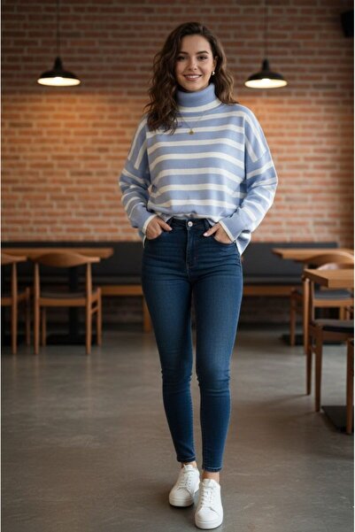 İmaj Boğazlı Çizgili İnce Yumuşacık Merserize Kazak