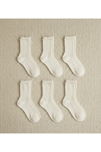 DRAV 6'lı Krem Renk, Fırfır Detaylı Düz Kadın Çorabı - (Dikişsiz)