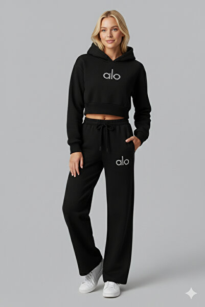 Bozz&Bozz Collection طقم بدلة رياضية نسائية من Alo Crystal Stone مطبوع مكون من هودي وسويت شيرت قصير وبدلة رياضية فضفاضة مكونة من قطعتين