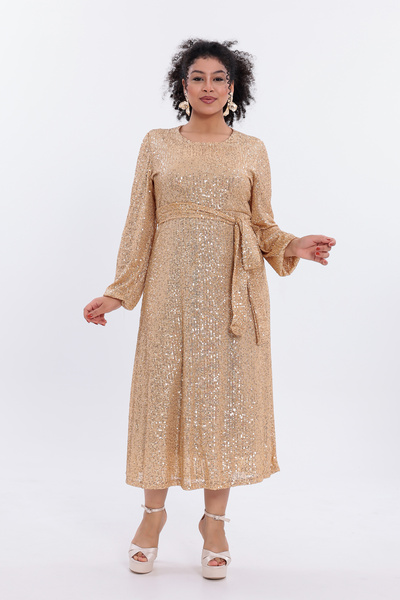 IŞILTI Stylish & Elegant Sequined Inner Lining Belted Crew Neck Long Sleeve Midi Length Plus Size Evening Dress 3142
