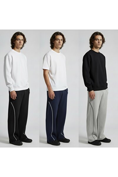 TKT Men's 3-Pack Piped Baggy Sweatpants 2 Drawstrings Comfortable Fit Wide Legs