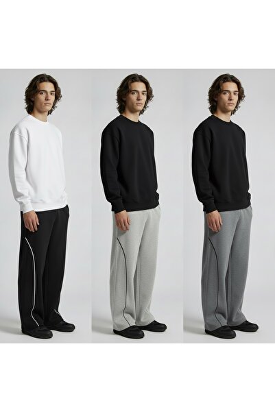 TKT Men's 3-Pack Piped Baggy Sweatpants 2 Drawstrings Comfortable Fit Wide Legs