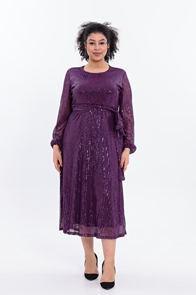 IŞILTI Stylish & Elegant Sequined Inner Lining Belted Crew Neck Long Sleeve Midi Length Plus Size Evening Dress 3142