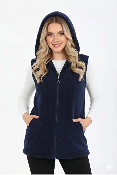 Taşoğlu Collection Kapüşonlu Lacivert Kadın Polar Yelek