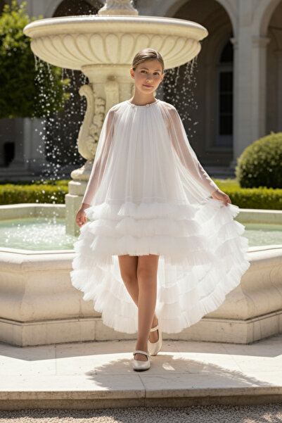 Pamina Kız Çocuk Katmanlı Tül Pelerinli Elbise 8-14 Yaş Ekru