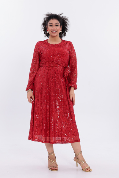 IŞILTI Stylish & Elegant Sequined Inner Lining Belted Crew Neck Long Sleeve Midi Length Plus Size Evening Dress 3142
