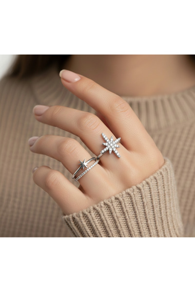 Ervalina خاتم نجمة القطب مرصع بحجر الزركون (قابل للتعديل)