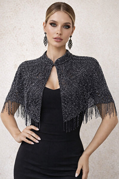 CROCUS DESIGN Boncuk saçaklı omuz pelerin aksesuar antasit
