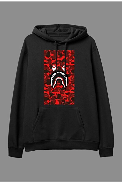 LELVANİ Oversize Red Bape Shark Printed Hooded Sweatshirt Hoodie