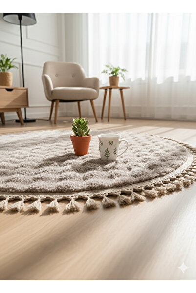 LİNOS HOME Velvet Serisi Vizon Saçaklı Bubble Yolluk Özel Puffy Peluş Halı Yuvarlak Kaymaz Taban Antre