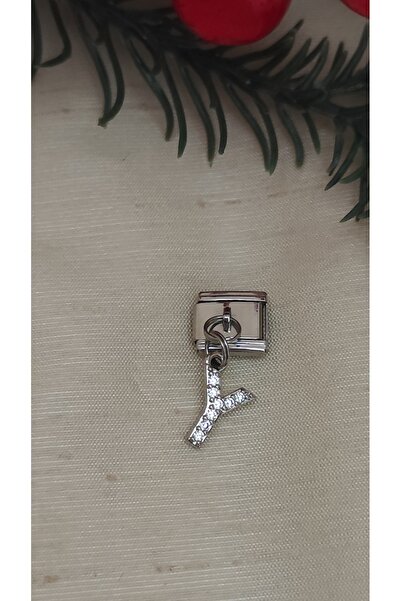 DİAVENTA TAKI VE AKSESUAR Steel Zircon Stone Y Letter Charm – Italian Bracelet Compatible – 316L Shiny Steel