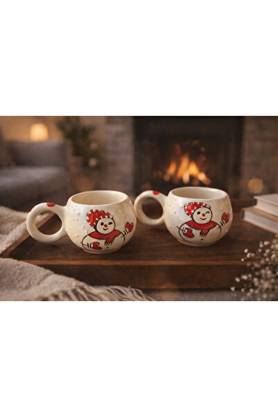 CEZVE HOME Christmas Themed Handmade Ceramic Mug Snowman - 2 Pieces