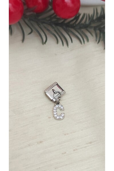 DİAVENTA TAKI VE AKSESUAR Steel Zircon Stone C Letter Charm – Italian Bracelet Compatible – 316L Shiny Steel