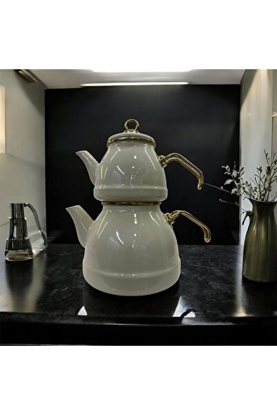 ALEV EMAYE Altın Kulplu Emaye Çaydanlık Takımı | Çift Katlı | Şık & Dayanıklı