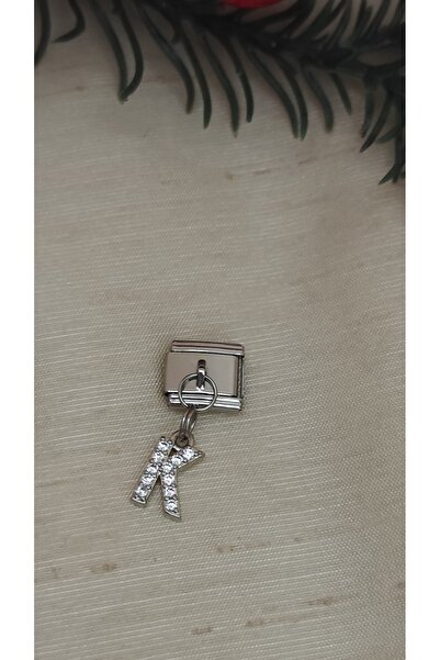 DİAVENTA TAKI VE AKSESUAR Steel Zircon Stone Letter K Charm – Italian Bracelet Compatible – 316L Polished Steel