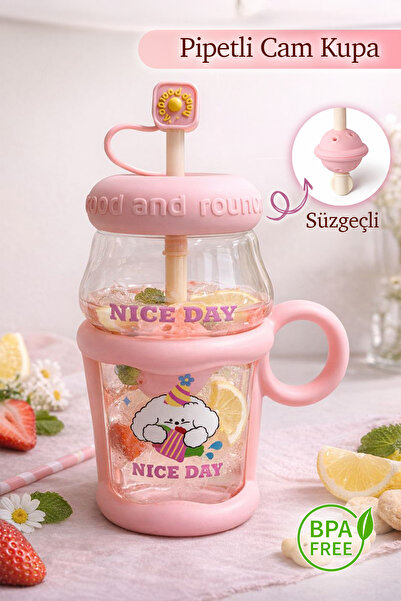 naturelove Pipetli Cam Kupa Bardak - Süzgeçli Borosilikat Detoks Matarası - Tasarım Kapaklı Suluk