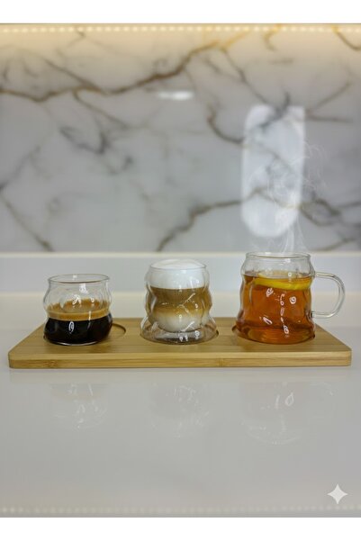 Lexa Bambu Altlıklı Üzüm Desenli Cam Kahve Seti 3`Lü