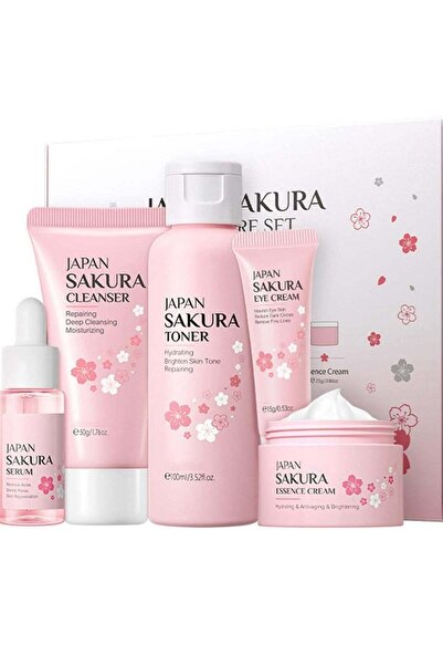 Japan Sakura مجموعة العناية بالبشرة المكونة من 5 قطع - مجموعة مناسبة للسفر لل...