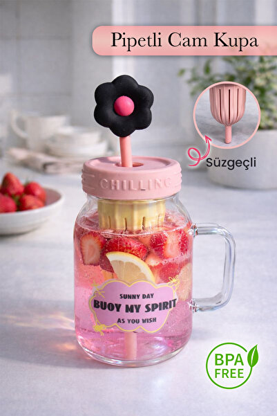 naturelove Pipetli Cam Kupa – Süzgeçli Borosilikat Detoks Bardağı Çiçekli Tas...