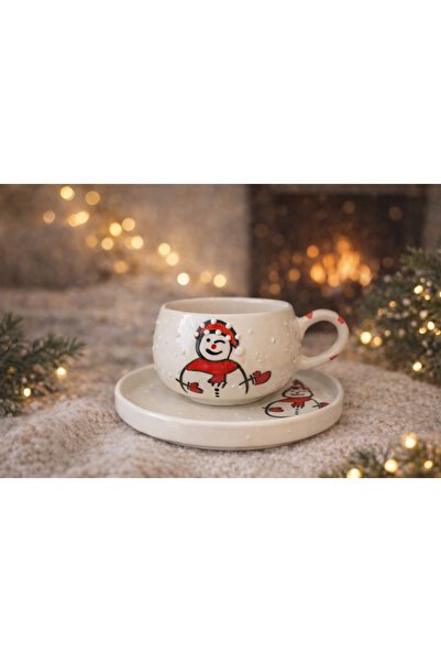 CEZVE HOME كوب سيراميك مصنوع يدويًا بتصميم رجل الثلج لعيد الميلاد مع صحن - لشخص واحد