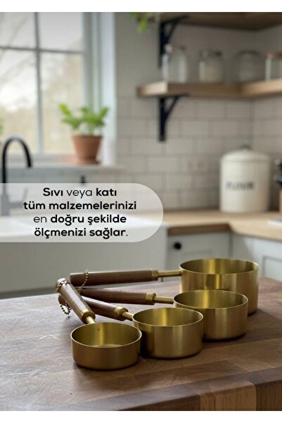 VEZZA HOME Ahşap Saplı Gold Ölçü Kaşığı Seti – Sıvı ve Katı Ölçüm Kupası (4’l...