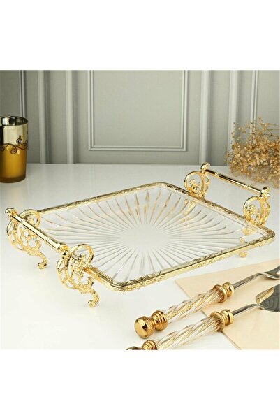 ROY KING ROYKİNG 25×25 cm Kare Gold Kenarlı Ayaklı Cam Servis & Sunum Tabağı ...