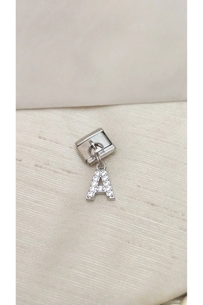 DİAVENTA TAKI VE AKSESUAR Steel Zircon Stone Letter a Charm – Italian Bracelet Compatible – 316L Polished Steel