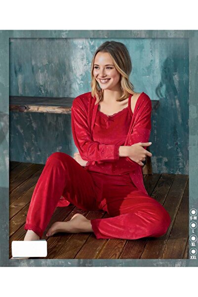 İpek Дамски кадифен тричастен пижамен комплект с полка точки