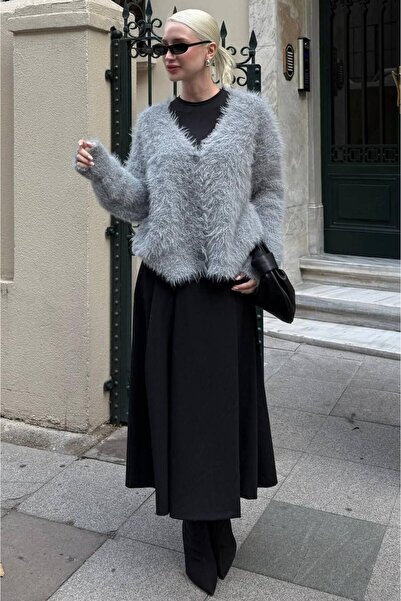 Madmext Gri Sakallı Düğmeli Kadın Hırka MG2570