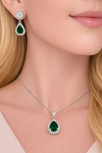 Siset Gümüş 925 Ayar Rodyum Kaplama Damla Zümrüt Taşlı Sertifikalı Gümüş Set