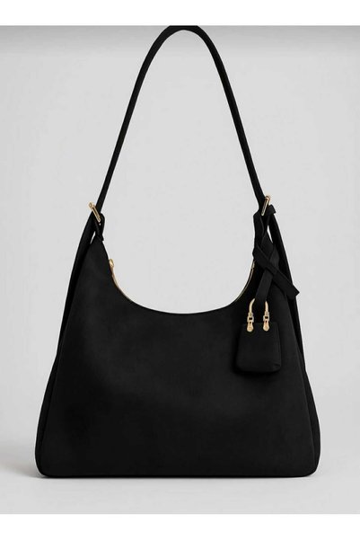 Shkup Suede Black Women's Shoulder Bag Casual Lined Zipper Closure Adjustable Shoulder Strap Charmlı