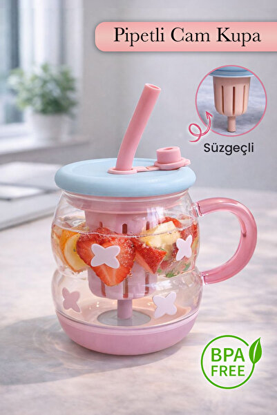 naturelove Süzgeçli Borosilikat Cam Kupa Bardak - Tasarım Pipetli Kapaklı Detoks Matarası