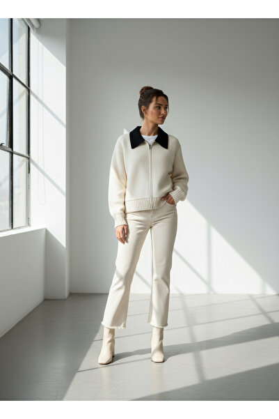 VETTA Polo Neck Steel Knit Zippered Cardigan