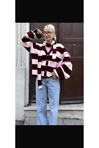 Madmext Bordo Çizigli Atkılı Kadın Triko Hırka MG2588