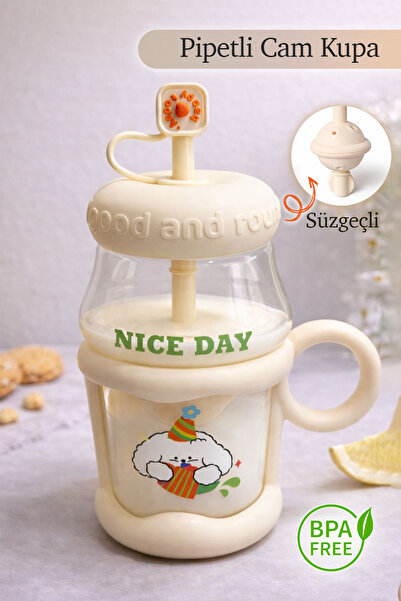 naturelove Pipetli Cam Kupa Bardak - Süzgeçli Borosilikat Detoks Matarası - Tasarım Kapaklı Suluk