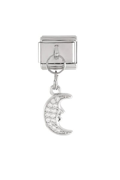 DİAVENTA TAKI VE AKSESUAR Steel Moon Figure Stone Charm – Italian Bracelet Compatible – 316L Shiny Steel