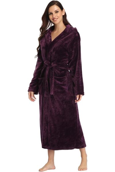 casme Women's Plush Hooded Robe Open-Front Long Bathrobe Soft Fleece with Pockets for Spa Loungewe