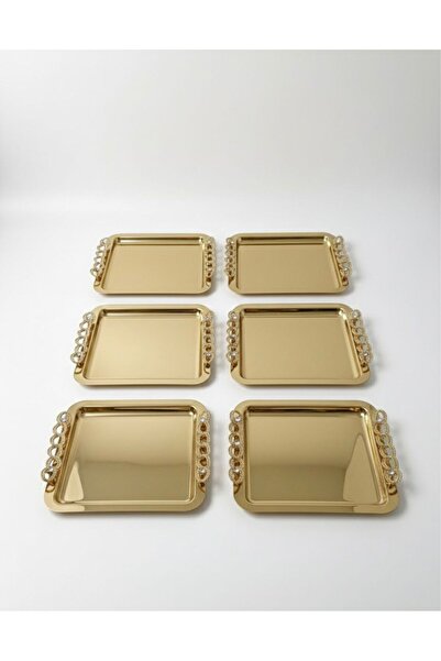 AsKa Home 6'Lı Lüx Gold Paslanmaz Çelik Kulp Detaylı Kahve Sunum Tepsisi