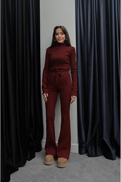 Havoş Set pantaloni bluză cu nervuri burgundy