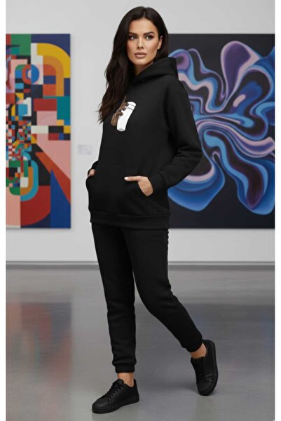 QAST GİYİM SANATI بغطاء رأس طقم بدلة رياضية مطبوع عليها كوب