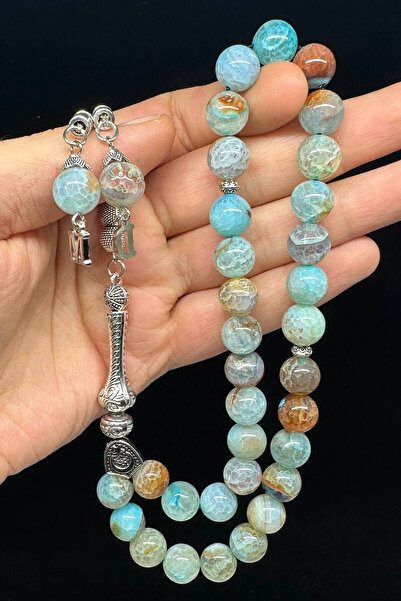 Fabula Silver Deniz Mavisi Akik Taşı Tesbih Büyük Boy Harfli Doğal Taş Tespih