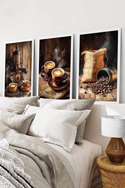 kutuTR Beyaz Çerçeveli 2D UV Baskı 3’lü MDF Tablo Set – KahveMakinası Temalı ...