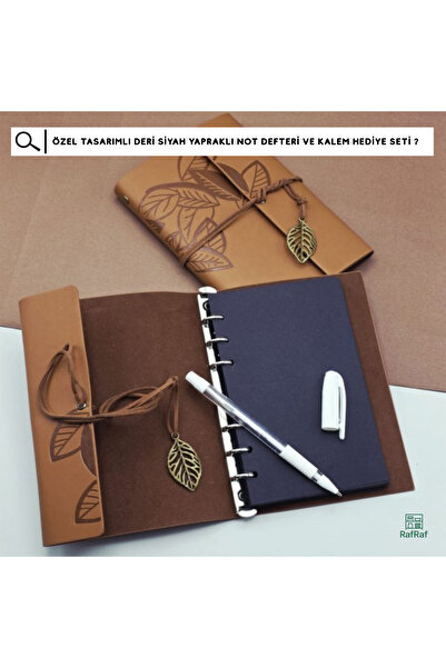 rafrafhome Özel Tasarımlı Deri Siyah Yapraklı Not defteri ve Kalem Hediye Seti