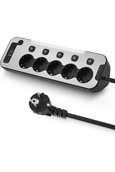 AyrStore Bağımsız Anahtarlı 5'li Işıklı Akım Korumalı Çoklu Priz 4000W, 2x US...