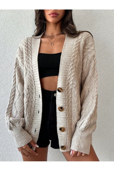 MODA Women's V-Neck Hair Knitting and Argyle Pattern Cardigan