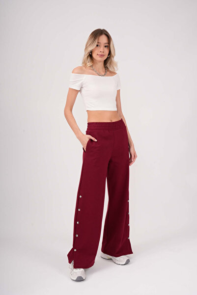 PONÇİK Women's Two Thread Combed Cotton Wide Leg Trousers with Side Snap Pock...