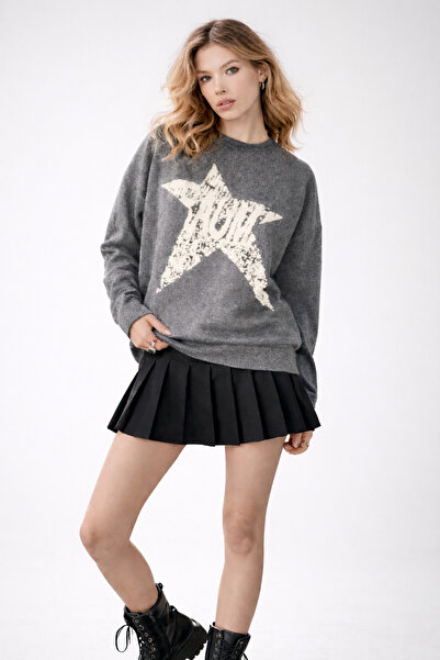 NEER Kadın Yıldız Oversize Triko kazak -gri
